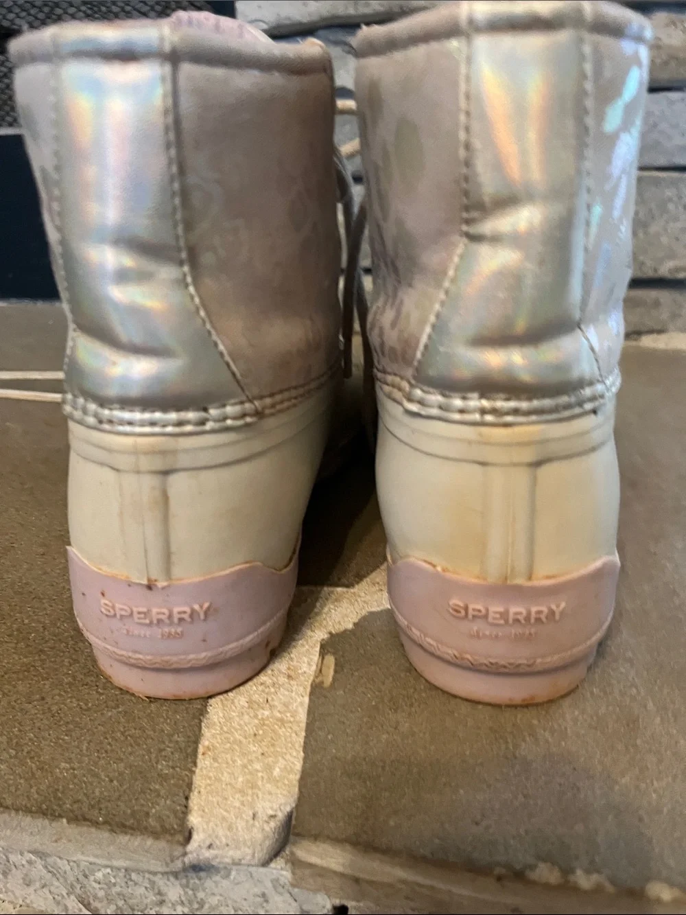 Sperry Iridescent Light Pink and Cream Duck Boots